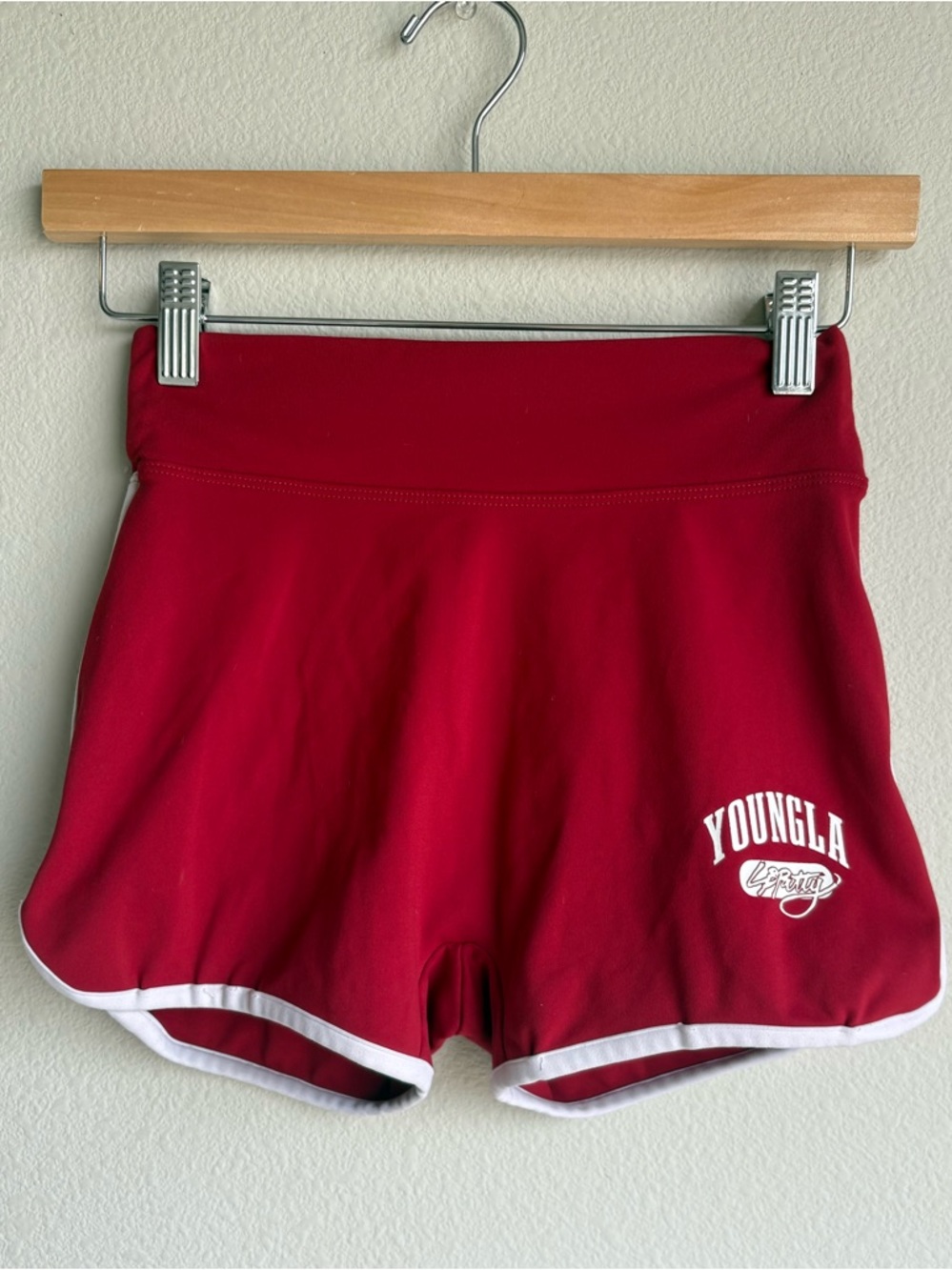 YoungLA Cherry Red High-Waist Athletic Shorts with White Trim